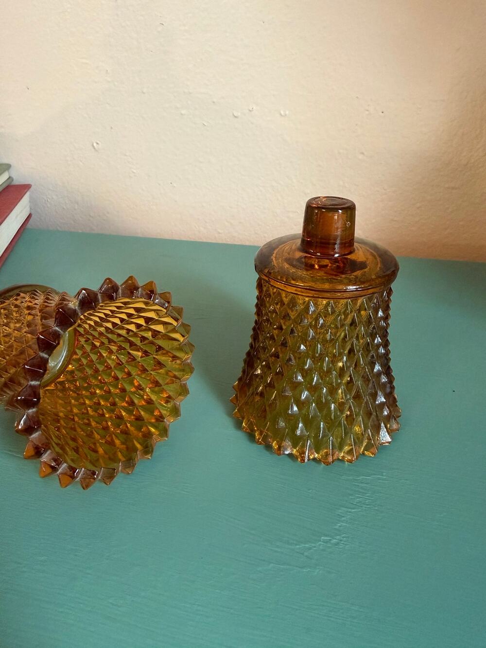 Vintage Amber Diamond-Point Glass Votive Cups – Set of 2